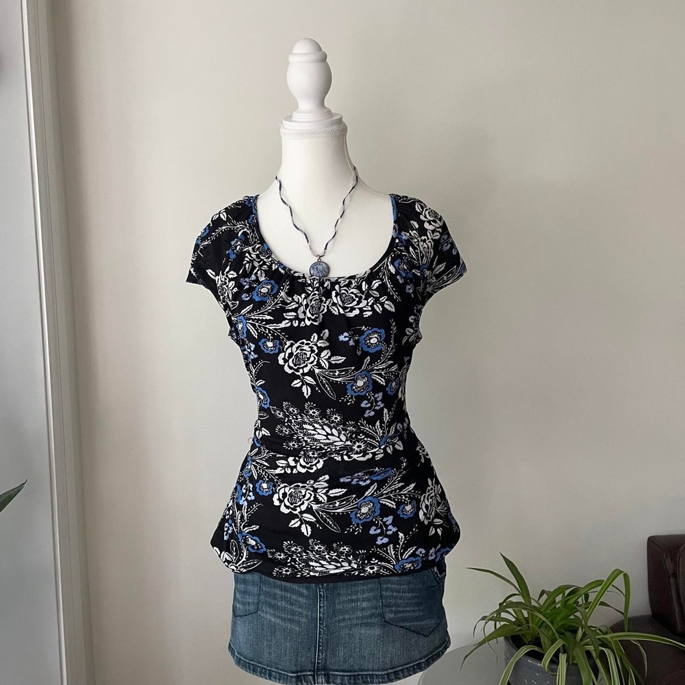 y2k tie back floral blose womens sz m/l coquette boho blue/black